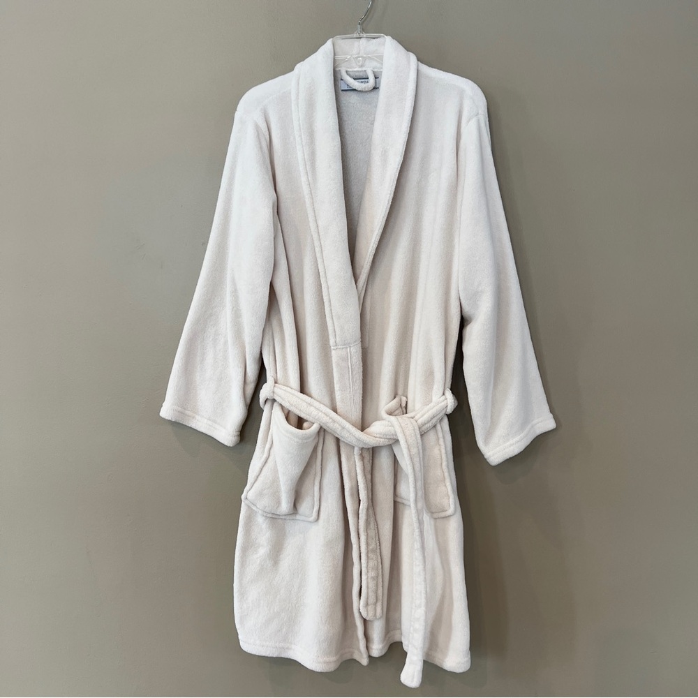 Bone‎ White Fleece Bath Robe One Size Belted Shawl collar pockets Blue Star